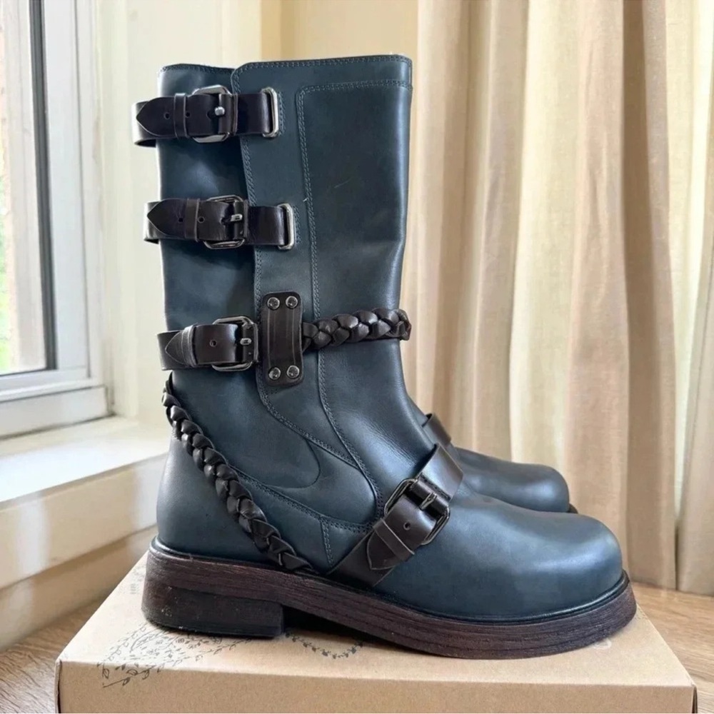 New Free People Billie Buckle Leather Moto Boots Blue Brown 7